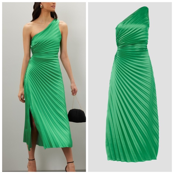 Delfi Collective Dresses & Skirts - Delfi Collective LEAH Pleated One Shoulder Green Hunter Midi Dress - XS X SMALL